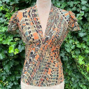 ROBERTO CAVALLI Butterfly Print V-neck Top With Silk Layered Sleeves